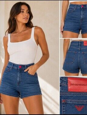 Emporio Armani High Rise Denim Shorts 27 Red Contrast Stitching Eagle NWOT